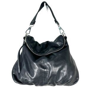 Margot Black Pebbled Leather Foldover Fold Over Shoulder Bag Silver Hardware